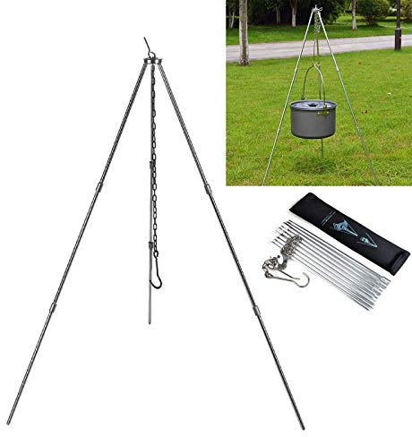 Outdoor Cooking Tripod, Foldable Portable Grilling Tripod Set with Chain & Hook, BBQ Picnic Camping Dutch Oven Lantern Hanger with Storage Bag