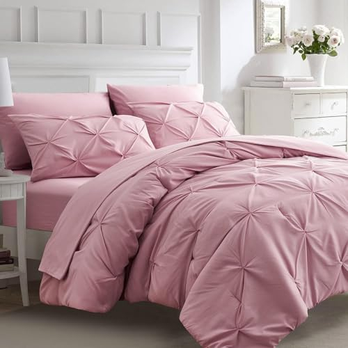 CoutureBridal Rosa Bettwäsche 220x240cm Mädchen Pintuck Plisseefalten Mikrofaser Wendebettwäsche Set Uni Doppelbett Bettbezug mit Reißverschluss und 2 Kissenbezug 80x80cm