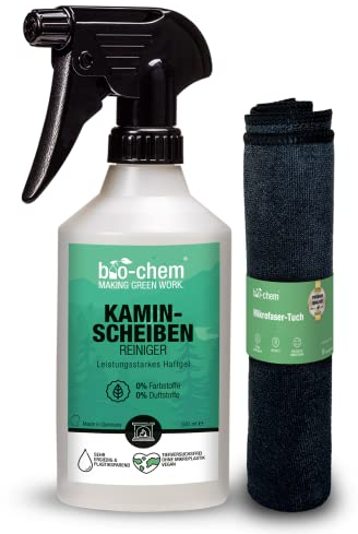 Bio-Chem - Limpiacristales para chimeneas 500ml + paño de microfibra - Productos de limpieza y accesorios para estufas de leña, de pellets - Limpiacristales
