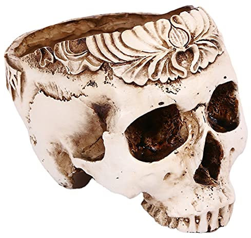 Otzoan Künstliche Schädel Blumentopf aus Harz für Indoor Haus Büro Bar Ornament 14,5 * 19,5 * 5 cm (Weiß mit Blume)