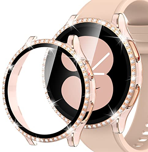 Kamita Custodia Protettiva Brillantini per Samsung Galaxy Watch FE(2024)/4 40mm Cover con 9H Protezione Dello Schermo in Vetro Temperato,Diamante Duro PC Bumper Case per Galaxy Watch4 (Oro rosa-rosa)