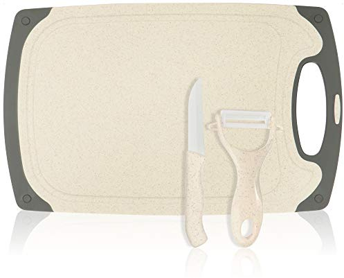 com-four® 3-teiliges Set mit Schneidebrett, Küchenmesser und Sparschäler | Robustes Küchenbrett aus Kunststoff - Hackbrett mit Keramik-Schäler und -Messer für die Küche