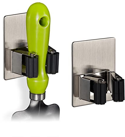 Relaxdays 8X Porta Scope da Muro Adesivo, Carico 3kg, Attrezzi da Casa e Giardino, Acciaio Inox e Gomma, Argento