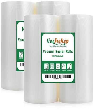 VacFreKep 4 Pack 20cmx15m Vacuum Sealer Bags Rolls for Food,Commercial Grade, BPA Free,Puncture Prevention,Great for Sous Vide
