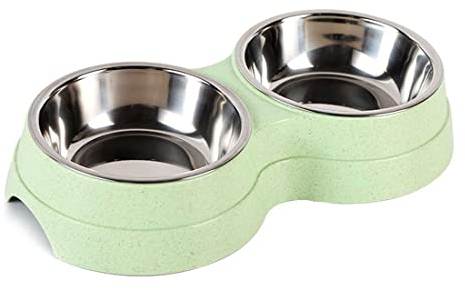 maruisil Double Dog Bowl,Non Slip Removable Stainless Steel Double Bowl 2-in-1 Dog Bowl with Non-Spill for Small Dogs,Cats and Animal etc(S,Green)
