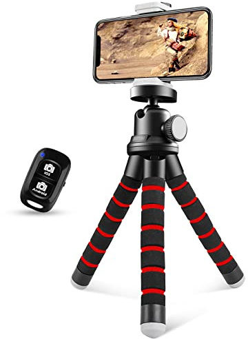 Sensyne Trípode flexible para teléfono celular con soporte para teléfono y control remoto inalámbrico, mini trípode de viaje, compatible con todos los teléfonos celulares, cámaras (rojo)