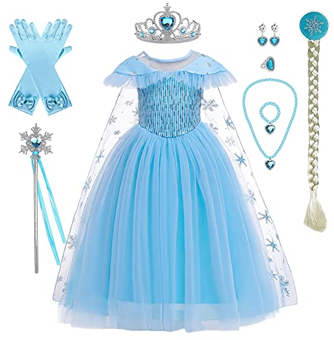 FYMNSI Mädchen Prinzessin Kostüm Maxikleid mit Schneeflocke Umhang Zubehör Kinder Halloween Cosplay Karneval Fasching Verkleidung Weihnachten Partykleid Abendkleid Festkleid Eisblau 5-6 Jahre