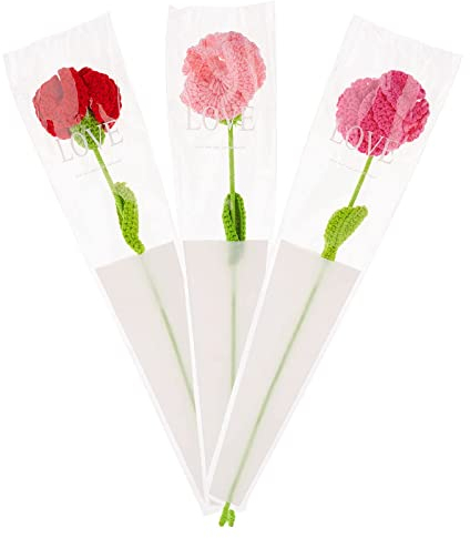 FINGERINSPIRE 3 Stück Handgemachte Gestrickte Nelke Blume mit Blumenstrauß Paket Tasche 3 Farbe (Perle rosa/dunkelrosa/rot) gestrickt häkeln Nelke einzelne Nelke für Mama Oma, Geschenk für sie