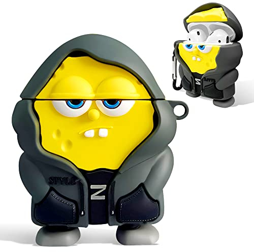 Airpods-Schutzhülle mit niedlichem Cartoon-Charakter, für 2.,1., Anti-Fall, weiches Silikon, niedlich, lustige Kawaii-Mode-Cartoon-3D-Hülle für AirPods 1 und 2. mit Schlüsselanhänger (Gelb)