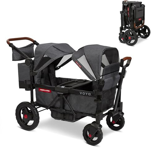 Radio Flyer Voya Stroller Wagon, 2 Seater Kids Stroller with Canopies, Double Stroller, Folding Wagon Trolley