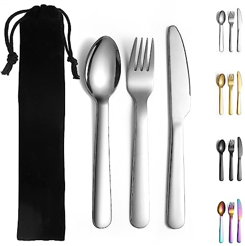 Evanda Ensemble de couverts portables, y compris cuillère de fourche à couteau, couverts de camping en acier inoxydable avec sac noir, pour l’extérieur, photo, camping, voyage, lave-vaisselle