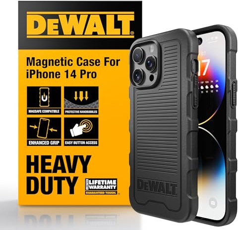 DEWALT Heavy Duty Stark Magnetische Hülle für iPhone 14 Pro Kompatibel mit MagSafe Stoßfeste Rückseite Schockfeste Slim Fit Hülle für iPhone 14 Pro Smartphone Matte Schwarz
