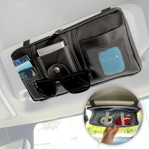 MyGadget Sun Visor Organiser in Synthetic Leather - with Additional Inner Pocket - Car Accessory for Travel with Sunglasses Holder - Colour Black