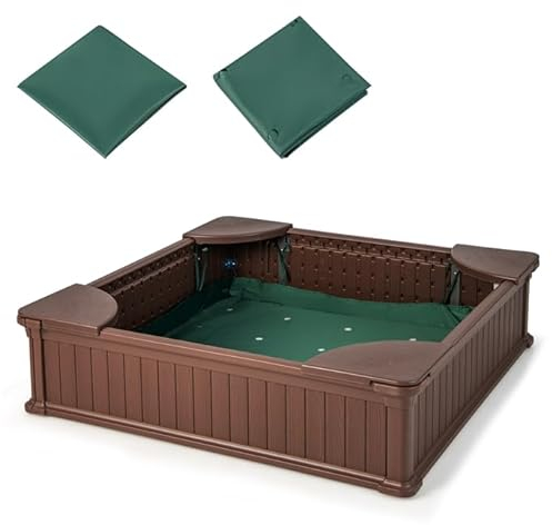 DREAMADE Sandkasten mit Abdeckung und Bodenplane, Sandbox mit Sitzecken, Sandkiste für Kinder für Garten Outdoor (Quadrat)