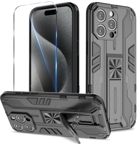 Btstring Funda para iPhone 15 Pro MAX con Cristal Templado Protector Pantalla, Carcasa Protectora Antigolpes con Soporte Reforzado, Negro