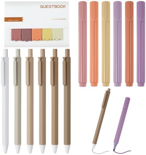 Vicloon 6pcs Einziehbare Gel Tintenstifte 6pcs Highlighter Pen 6pcs Sticky Notes School Supplies Aesthetic Schwarze Tinte Glatte Schreibstifte Haftnotizzettel Haftnotizen Markieren Textmarker(Braun)