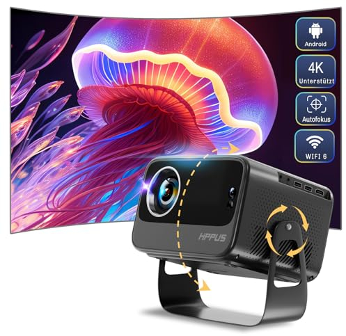 Hippus Smart Beamer 4K Heimkino, Elektrischer Fokus Android Projektor 1080P Full HD, WiFi 6 Bluetooth 5.2 Video Minibeamer Handy Kompatibel mit Smartphone Grau