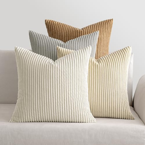 MIULEE Corduroy Cushion Covers Soft Decorative Square Throw Pillow Covers Cushion Soft Pillowcase Striped Pack of four for Home decor Sofa 45cm x 45cm,18x18 Inches Grey brown series