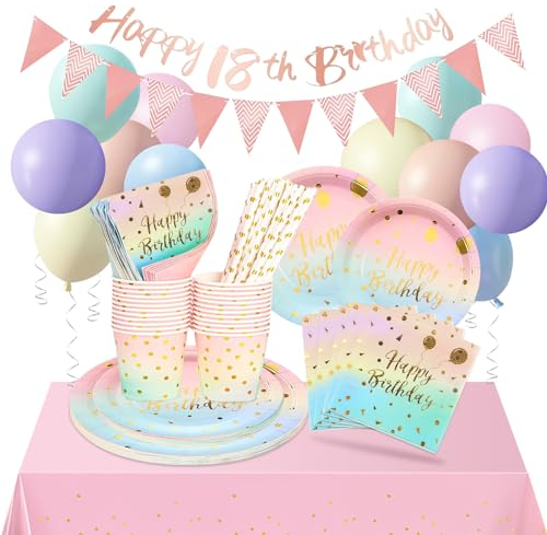 Amazon's Pastel Party Set - 16 Guest Decorations with Balloons, Banners, Tablecloths - Paper Plates, Cups, Napkins in Rainbow Colors - Perfect for Girl's 18th Birthday