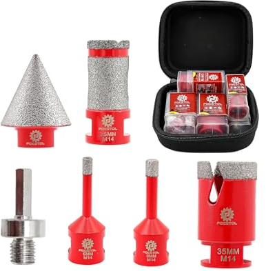 FOCSTOL Diamant Fliesenbohrer Set - 6 Stück (6/8/35mm+25mm Bohren Fingerfräser+35mm Fasenbohrer+Adapter) Diamant Lochsäge Set M14 Gewinde für Porzellan Keramik Fliesen Marmor Granit