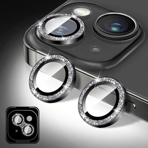 Kucheed Protecteur D'objectif D'appareil Photo Compatible avec iPhone 13/iPhone 13 Mini, Paillettes Couverture de Caméra en Verre Trempé 9H, Anneaux Métalliques Individuels
