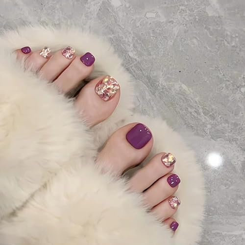 24 Pièces Faux Ongles D'orteil, Français Paillettes Violettes Faux Ongles de Pied Couverture Complète Capsule Ongle Pied avec Autocollant à Ongles, Court Carrés Toe Nails pour Femme Fille