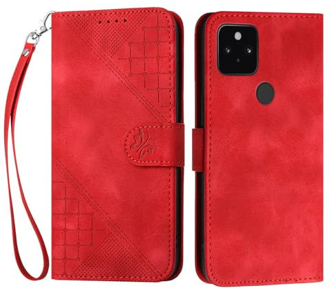 Bxithnr Coque pour Google Pixel 4A 5G, Housse Cuir PU de Protection Motif Papillon Pochette de Portefeuille et Fermeture Magnétique Clapet Housse Etui à Rabat Flip Case - Rouge