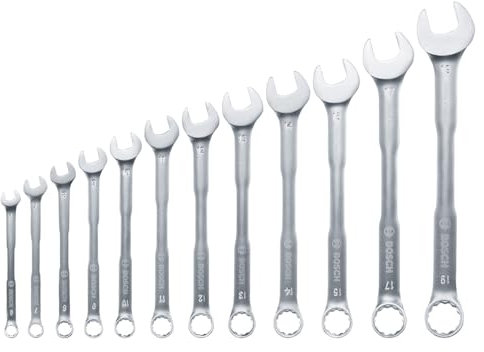 Bosch Combination Wrench Set 12-Piece (Robust Spanner Set for Universal Use; Chrome Vanadium; High Torque; Ring- and Open-Ended; Metric 6-19mm; Ergonomic Deisgn; Practical Storage)