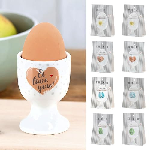 Cepewa Eierbecher 4er Set 4 Motive | Porzellan weiß 5x7cm | Halter für Eier mit Gute Laune Sprüche (1 x 4er Set Eierbecher 5x7cm)
