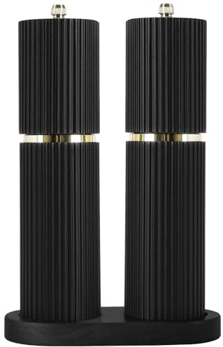 Wooden Salt and Pepper Grinder Set with Gold Accents, Salt and Pepper Grinder with Adjustable Coarseness, Beech Wood Pepper Grinder Manual,Salt and Pepper Shakers Matching Wooden Rray for Gifting