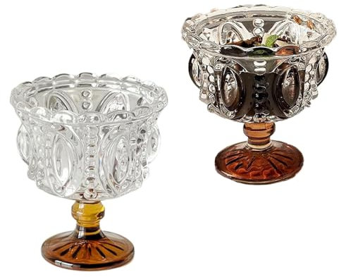 SIPEIEN Vintage Glas Dessert Kelch Schalen Satz von 2 geprägte Trinkglas, 250ml Kristall Eiscreme Dessert Tassen, 4.7 „x3.9“ / 12cmx10cm für Zuhause Café Party,Bernstein