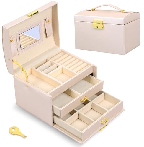 Porta Gioielli Donna,3 Livelli Gioielli Scatola Organizer con specchio, Portagioie Bambina con Maniglia Portatile,Versatile per Anelli Orecchini Collane,Regalo Festa Della Donna,Rosa