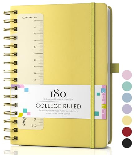 Umriox Wirebound Spiral Notebooks 180Pages /90 Sheets for Writing,100gsm No Bleed Paper, PU Hardcover Journals for Women Men Work Office School,14.5 x 21cm - Yellow