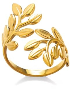 MASOP Großer Ringe Blatt Edelstahl Titan Stahl Vergoldet Zweig Ringe Offener Verstellbar Geschenke für Damen Frauen