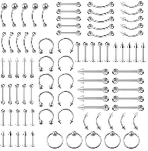 Juland 85 PCS Körperpiercing Set Chirurgischer Edelstahl Bauchnabel Zunge Augenbraue Nippel Lippe Nase Septum Piercing Schmuck