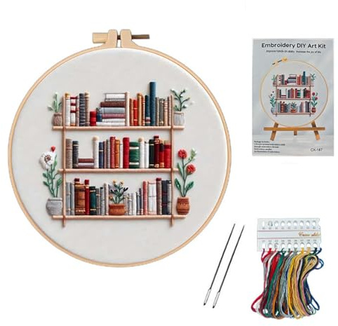 STIFFENERS Embroidery Kit, Punch Needle Kit with Elegant Bookshelf Design, Complete Embroidery Starter Kit with Patterns, Threads and Needles, Ideal for Relaxation and Crafting