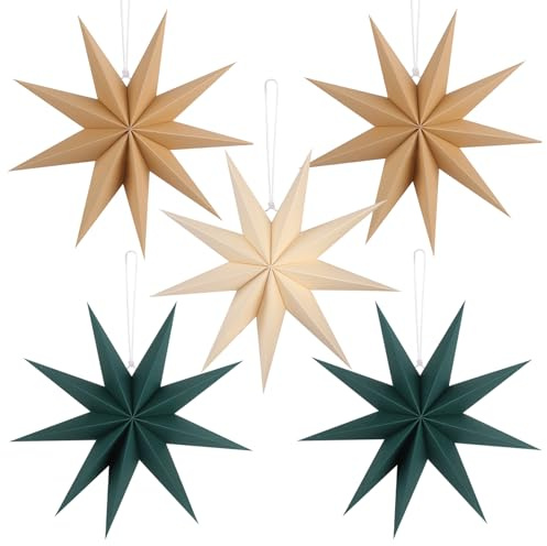 BestoFun 5 Stück Papiersterne Weihnachten Braun 30cm Beige 9 Zacken Papiersterne Faltsterne Aufhängen Dunkelgrün Weihnachtsdekoration für Weihnachtsdeko Tischdeko Zimmer Hochzeit