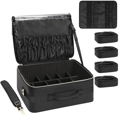 Relavel Extra Large Makeup Bag,Professional Makeup Case | for Makeup Artists,Travel Cosmetic Organizer Box with 4 Small Portaleb Case Bag&Lipstick Plate,PU leather Black