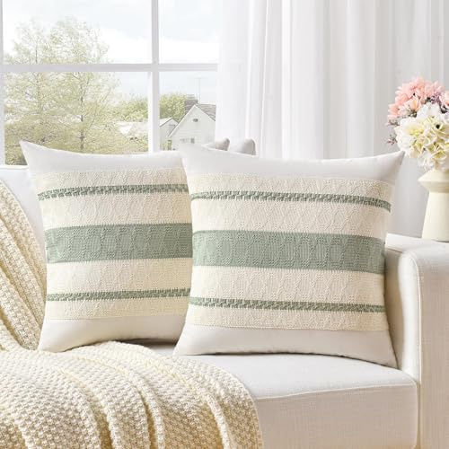 BellaBlend Set aus 2 Beige Grünen Boho Dekorativen Kissenbezügen 45x45 cm für Wohnzimmer Schlafzimmer Couch Bett Sofa Sessel, Rustikal Retro Kissenhülle, Bohemian Raum Deko