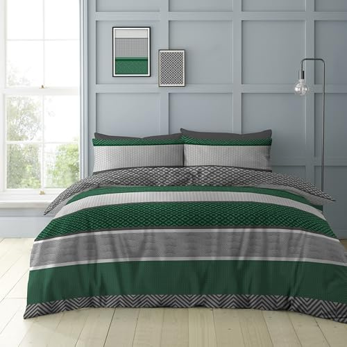 GC GAVENO CAVAILIA Geometrical Bedding Sets King Size Green Duvet Cover | 3Piece Reversible Geometric Stripe Kingsize Duvet Cover Sets (220x230 Cm) | Hypoallergenic Quilt Covers Set With Pillow Cases