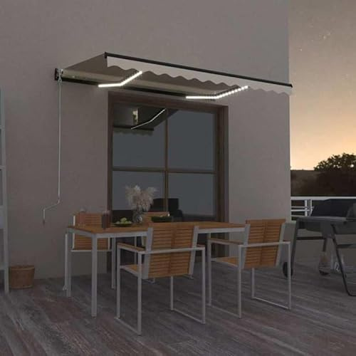 Manuelle Markise 350x250 cm Beleuchtung Gelb Weiß - Pulverbeschichtetes Aluminium & PU-beschichtetes Polyestergewebe - Perfekter Sonnenschutz für Terrasse und Garten