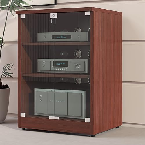 LIGUIEN HiFi Rack Phonoschrank, AV-medienständer,phonoschrank, Hifi Regal, Panplatte, Spanplattenmaterial Glastürschloss for Zuhause/Büro/Theater-Einfach Zu Montieren(Teak,3-tier H80CM/31)