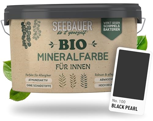 SEEBAUER diy Bio-Mineralfarbe Schwarz für Innen 2,5L (No. 100 Black Pearl) - Umweltfreundliche Silikatfarbe für Putz, Beton & Mauerwerk - Mineralfarbe für Allergiker