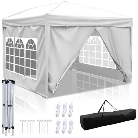 Peviasot Pavillon 3x3m Wasserdicht, Höhenverstellbar Faltpavillon mit 4 Seitenteilen, 420D Oxford, Stabil Winterfest UV Schutz, Partyzelt Gartenzelt für Outdoor Garten Camping, Weiß