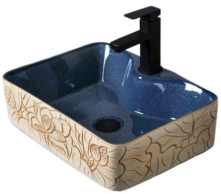 Lavabo de salle de bain bleu à poser - Petit lavabo carré en céramique - Balcon d'intérieur avec motif floral - Comptoir moderne