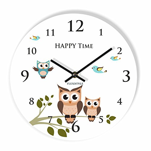 FLEXISTYLE z92b Moderne Wanduhr für Kinder Eule 2 30cm, still, oval, Zimmer für Kinder, Schule, Kindergarten