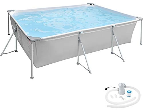tectake® Piscina Fuori Terra Rettangolare, Piscina da Giardino con Pompa di Filtraggio Inclusa, PVC Alta Resistenza, Rapido Scarico dell'Acqua, 300 x 207 x 70 cm - Grigio
