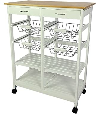 Mueble Gestion Carrito Verdulero frutero, Carro de Cocina de Cocina con Ruedas con 4 cestas extraibles 4 bandejas y 2 cajones Oporto 8 Color Blanco