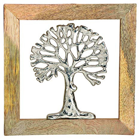 jakopabra Wanddekoration Lebensbaum Silber im Rahmen aus Holz/Holzdeko Wandbild Baum