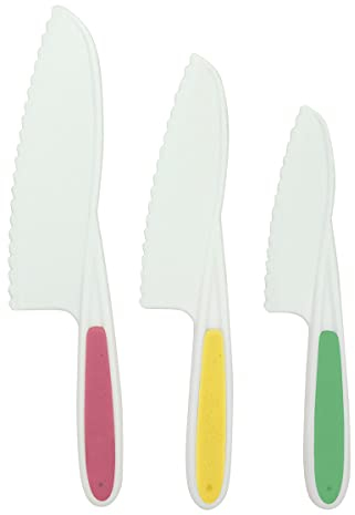Fackelmann 44898 Set de 3 couteaux de cuisine et de pâtisserie pour enfants en plastique, couteaux enfants, couteau en plastique, Polypropylène, Thermoplastique, 22 cm + 24,6 cm + 27,5 cm